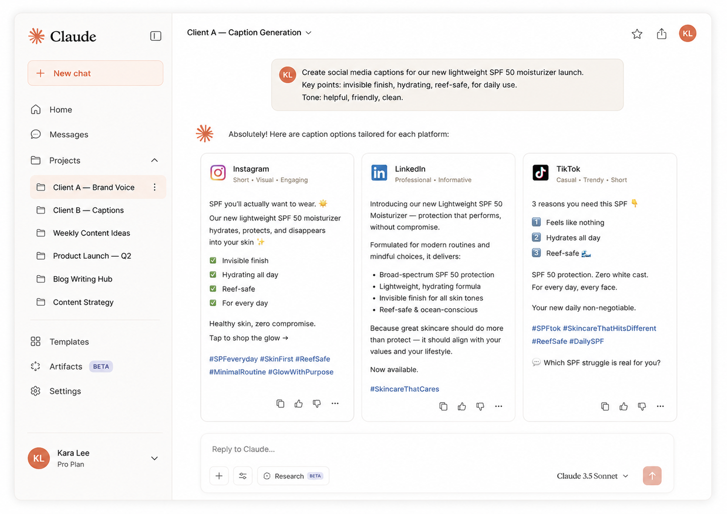 Show a Claude Projects window with a transcript pasted in, and outputs visible for LinkedIn, Instagram, and TikTok.