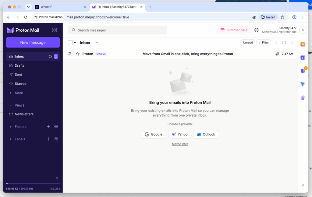 Proton Mail signup screen showing the phone-free registration flow