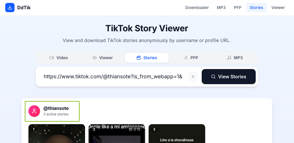 DdTik TikTok downloader interface with username field and download result