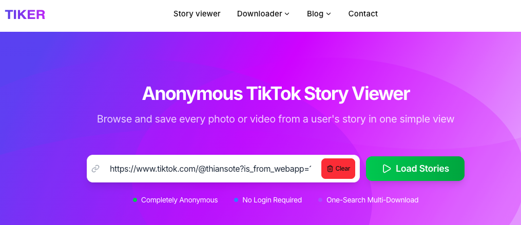 Tiker.io TikTok story downloader showing time remaining before each Story expires