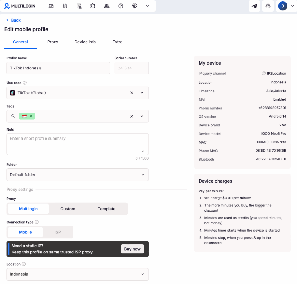 Create a Multilogin cloud phone profile