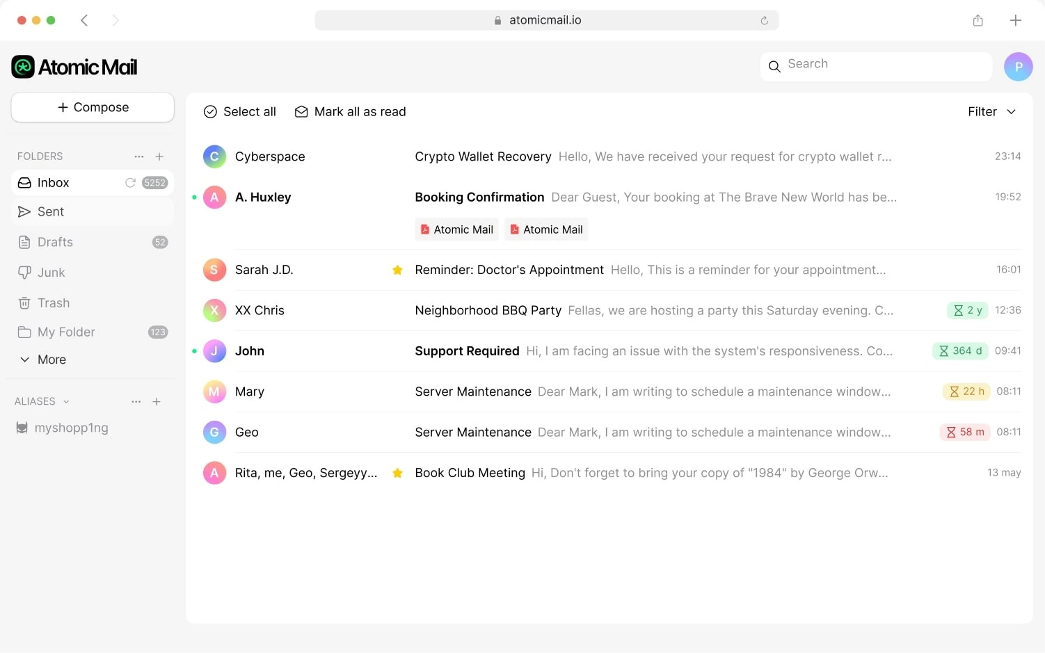 Bảng điều khiển Atomic Mail