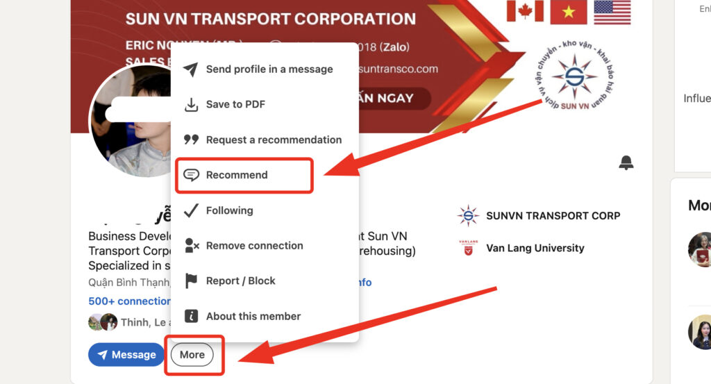 Giving a recommendation to a connection