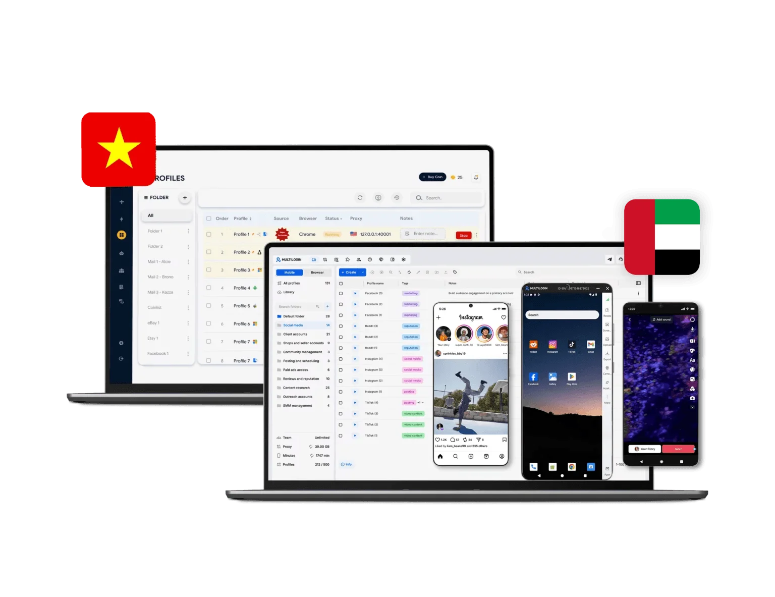 Multilogin vs Hidemyacc interface comparison showing browser profiles, folders, and multi-account management tools.