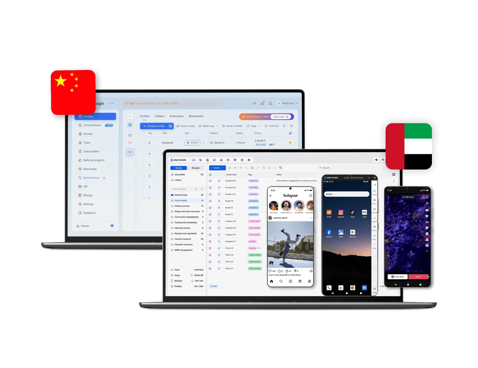 Multilogin vs MostLogin comparison showing cloud phones, browser profiles and multi-account features in MostLogin alternative