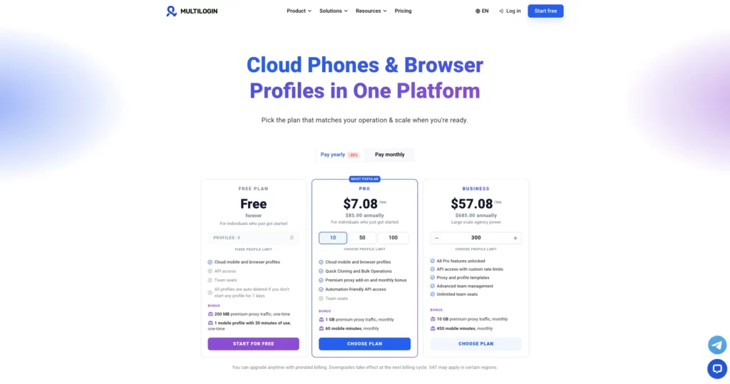Các gói giá của Multilogin với gói miễn phí và các gói trả phí từ 7,08 USD/tháng, bao gồm Cloud Phones, hồ sơ trình duyệt, proxy và phút di động.