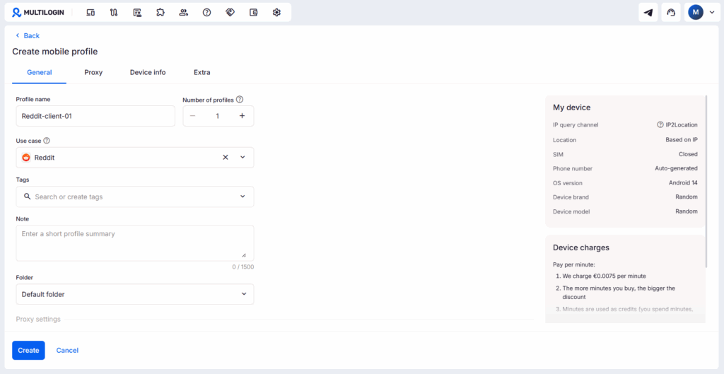 Create a cloud phone profile for your Reddit client account