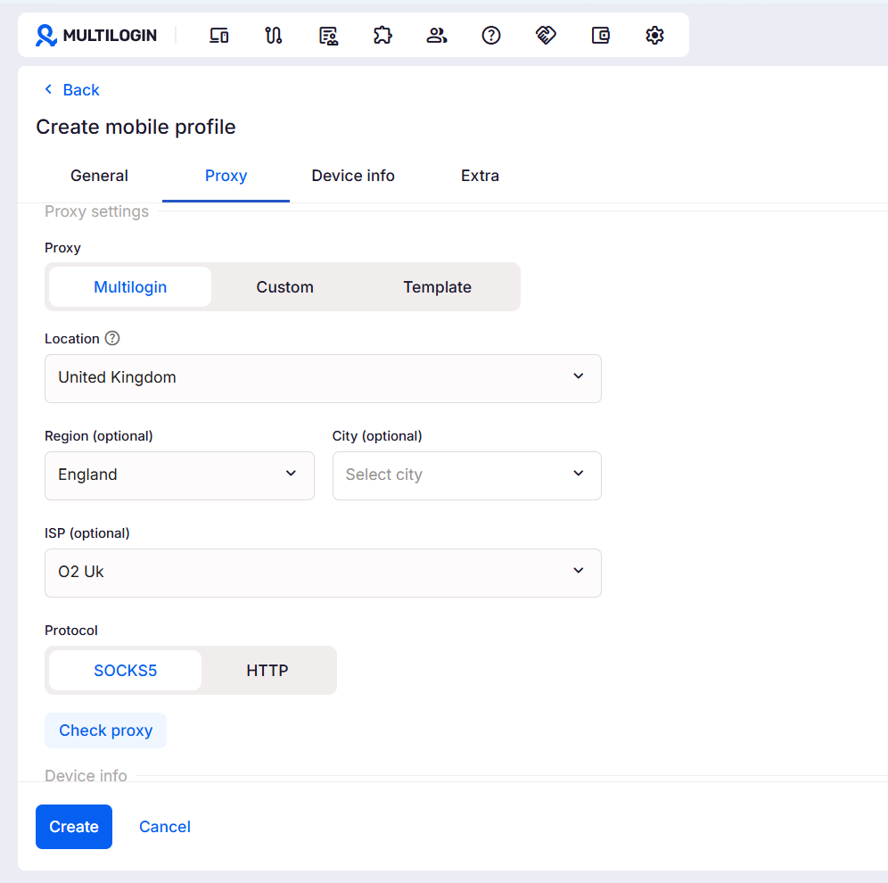 Set up residential proxies to each cloud phone profile.