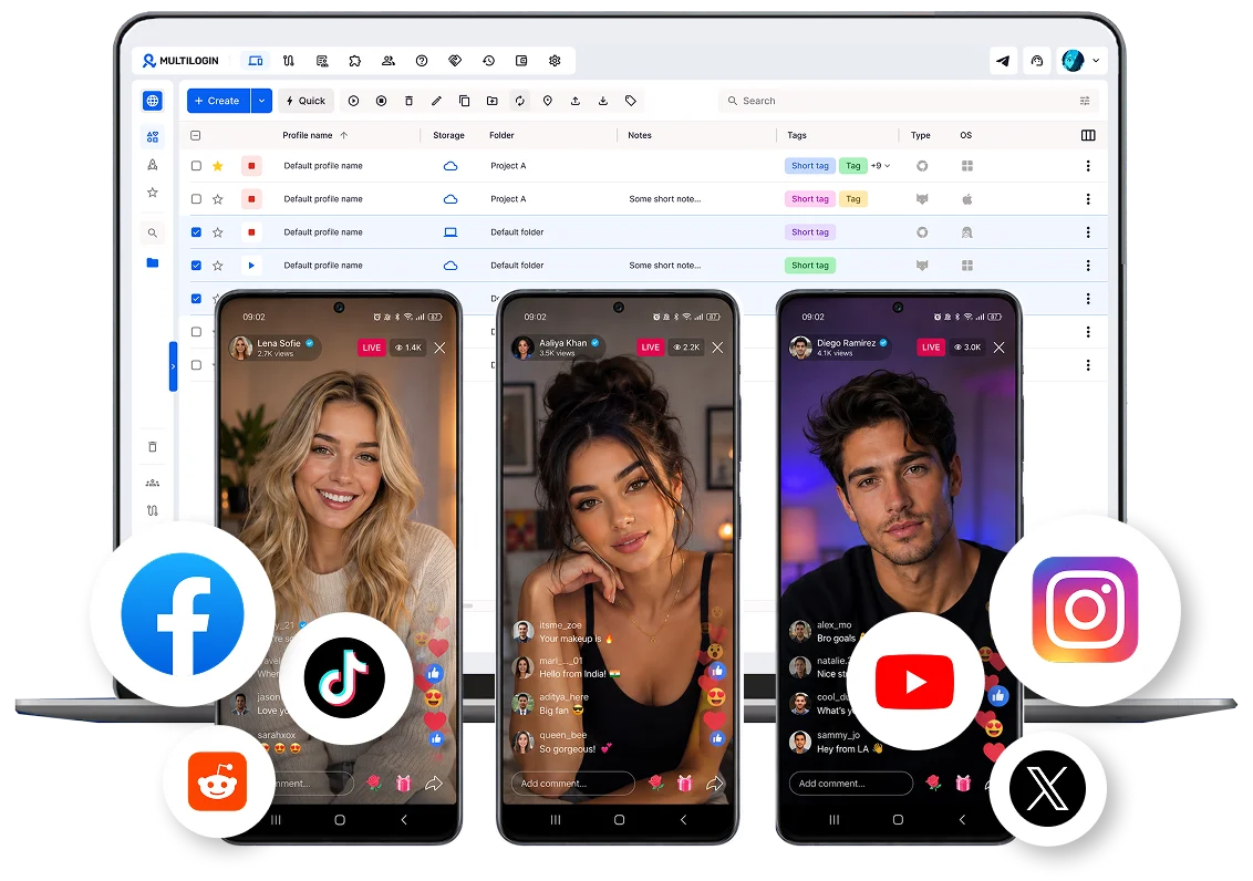 Dashboard interface showing multiple AI influencer profiles managed from cloud phones