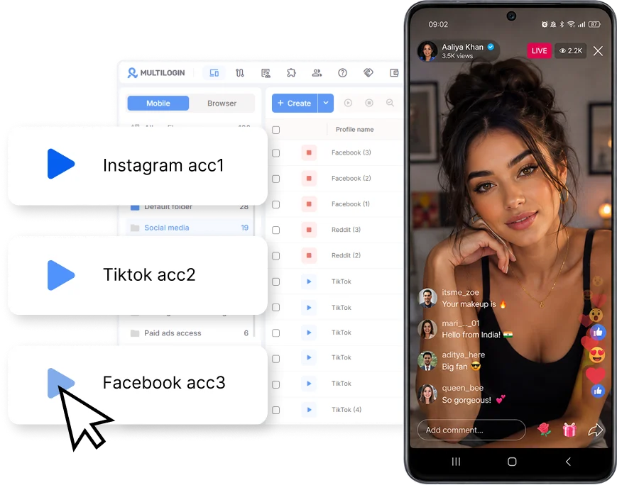 Grid of cloud phone screens, each running a separate AI influencer persona