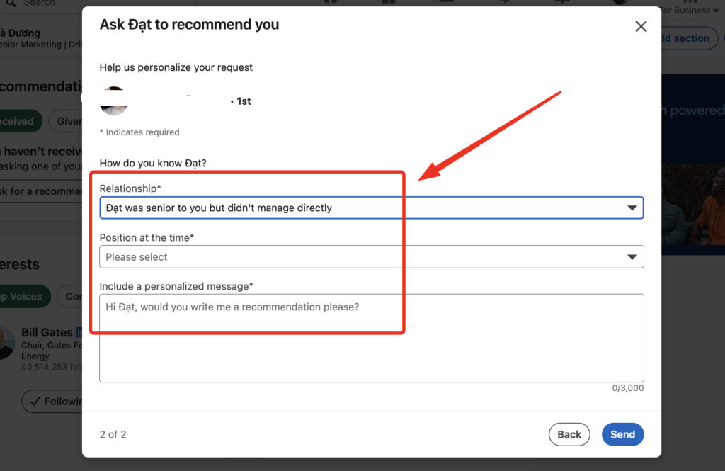 ask for a recommendation on linkedin