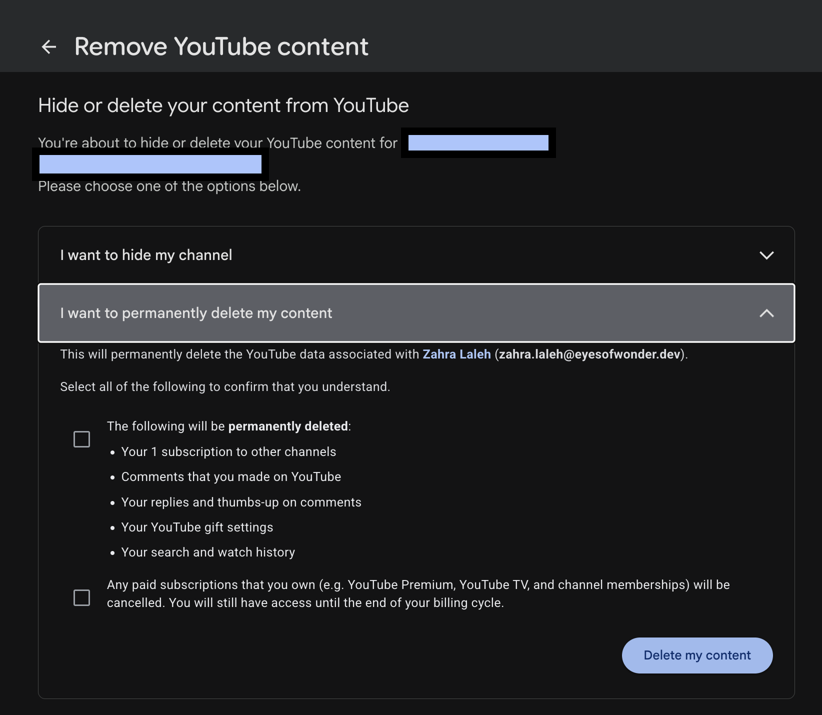 Permanent Delete YouTube channel step 2