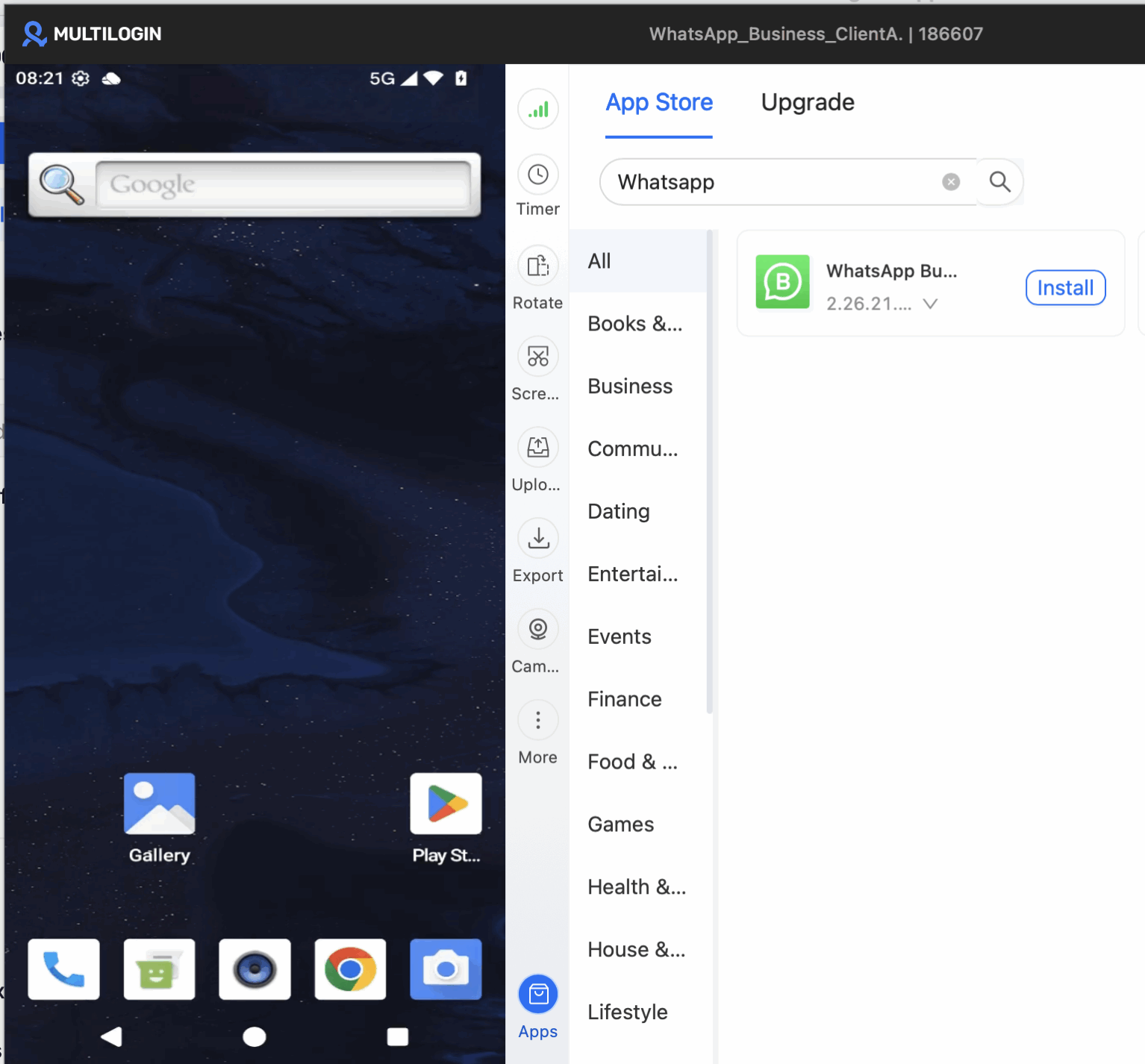 A real Android home screen running in the cloud