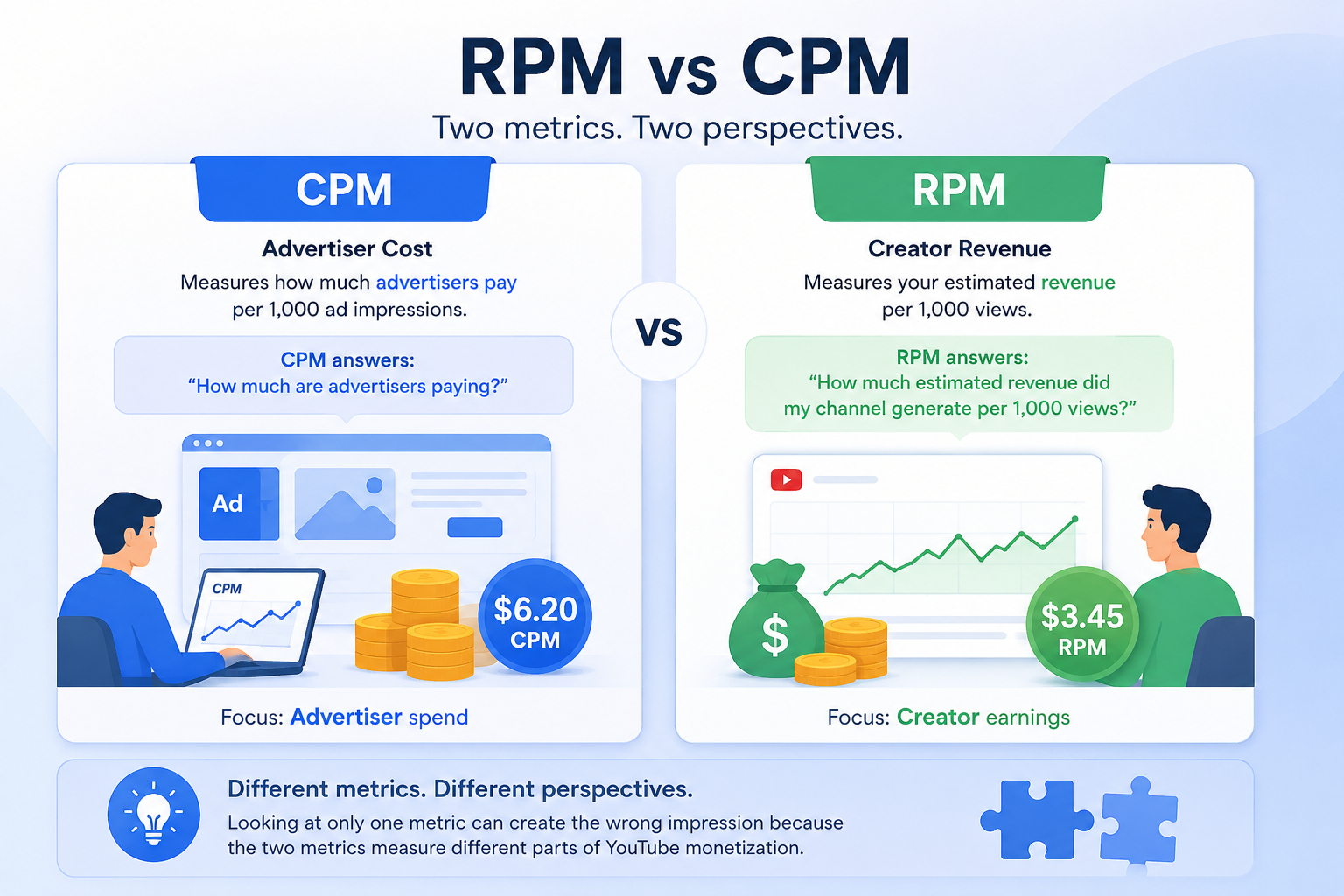 The biggest difference is that CPM measures advertiser cost, while RPM measures creator revenue.