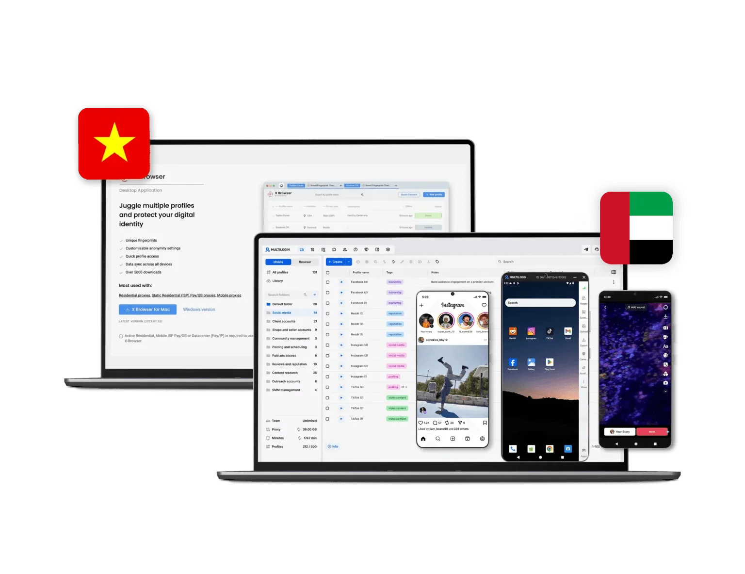 Multilogin vs X Browser interface comparison displaying cloud phones and browser profiles.