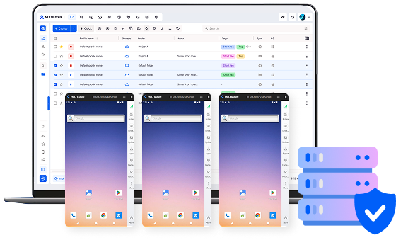 Multilogin dashboard with three cloud phone profiles running in front of a secured proxy server stack