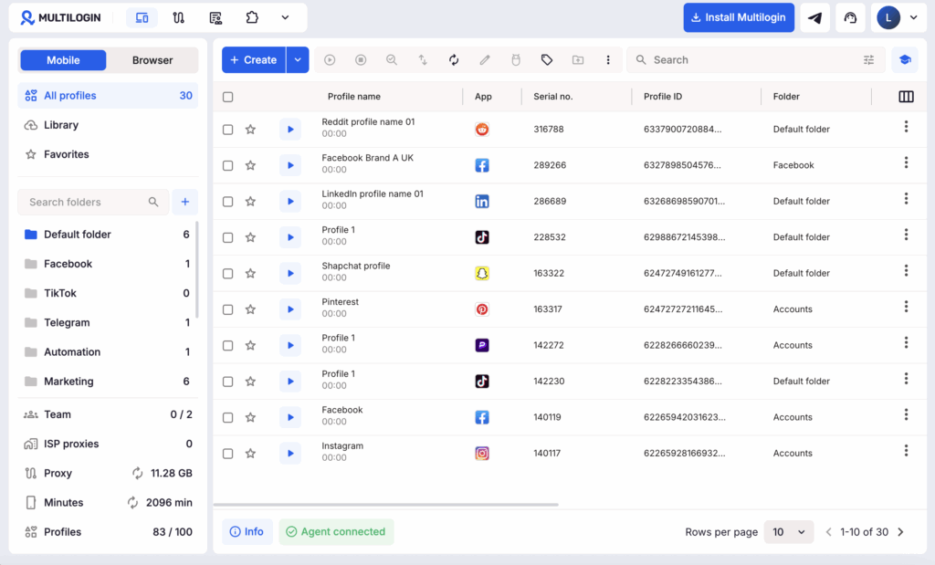 Multilogin dashboard for cloud phone and browser profile