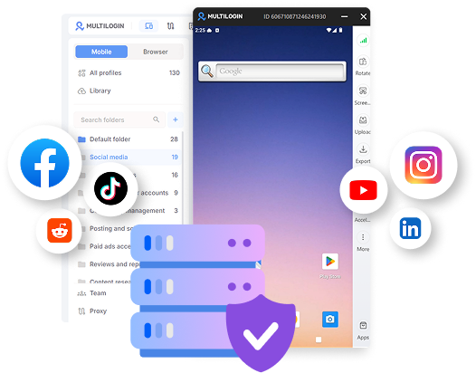 Multilogin dashboard managing cloud phone and browser profiles across Facebook, TikTok, Instagram, and Reddit