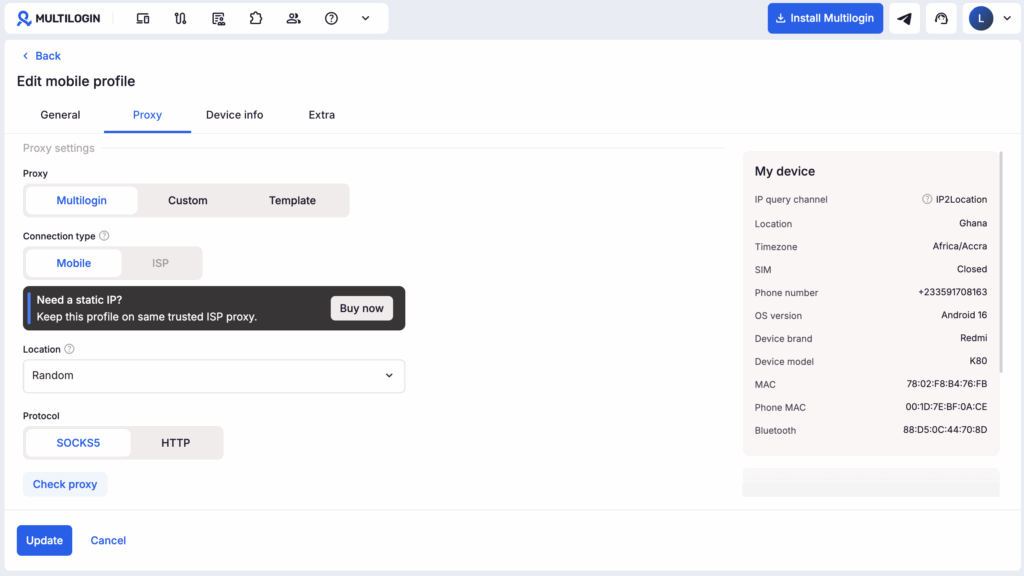 Checking a proxy for a Multilogin profile