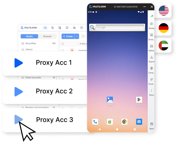 ISP proxy accounts launched from Multilogin, set to USA, Germany, and UAE locations
