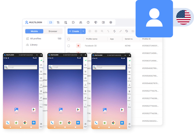 Multiple Facebook cloud phone profiles running in parallel with a US-based social media proxy