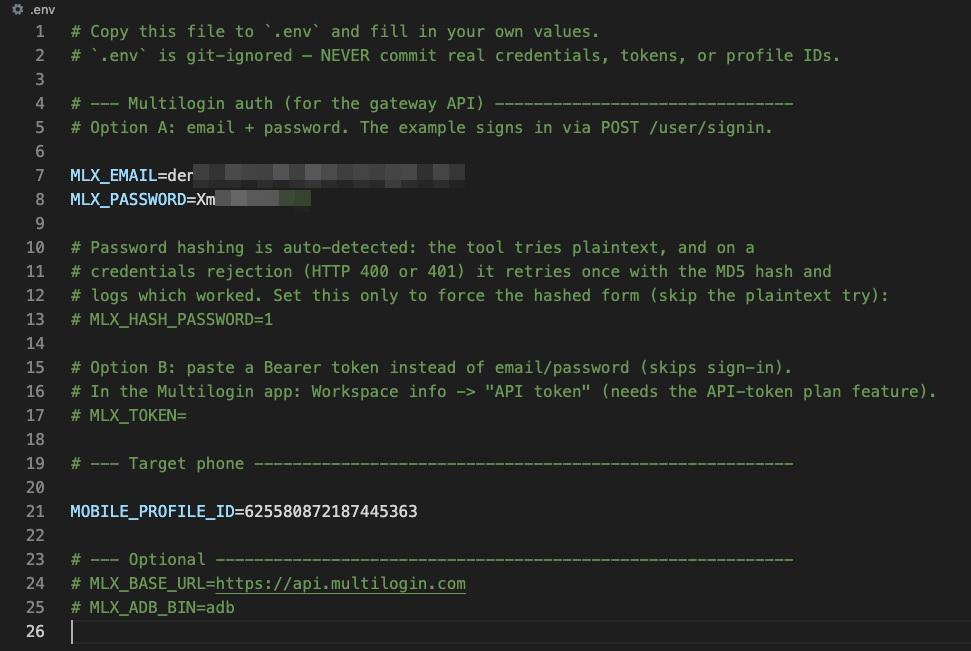 Fill in your Multilogin email, password, and mobile profile ID in this file