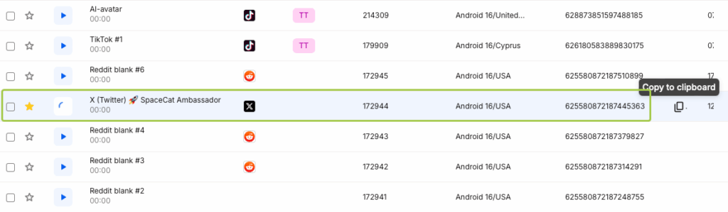 Copy cloud phone ID in the Multilogin dashboard