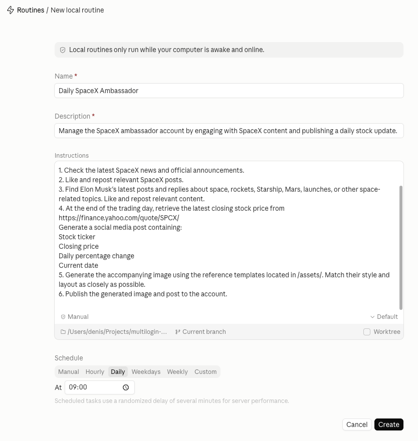 AI agent task prompt for automated SpaceX ambassador account posting