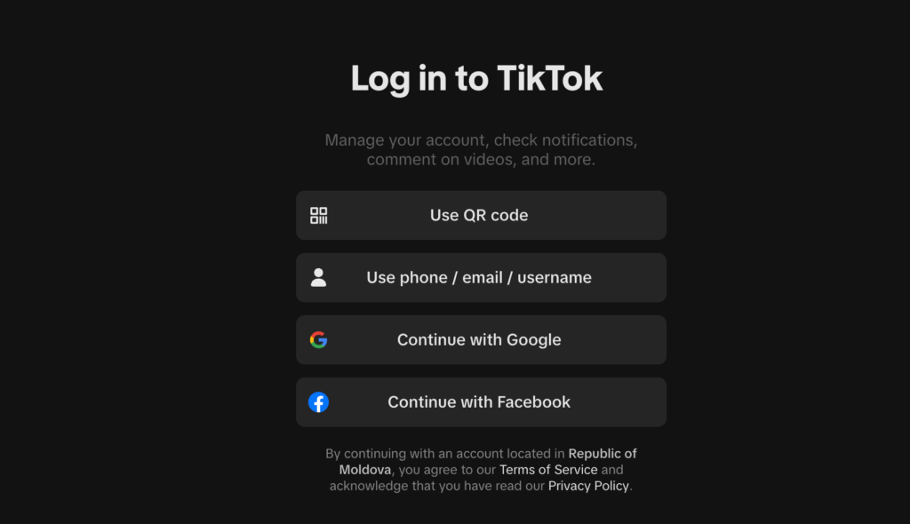 TikTok signup screen with email option to create an account without a phone number