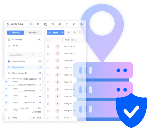 Multilogin sidebar with profiles organized by platform and proxy traffic usage shown per account