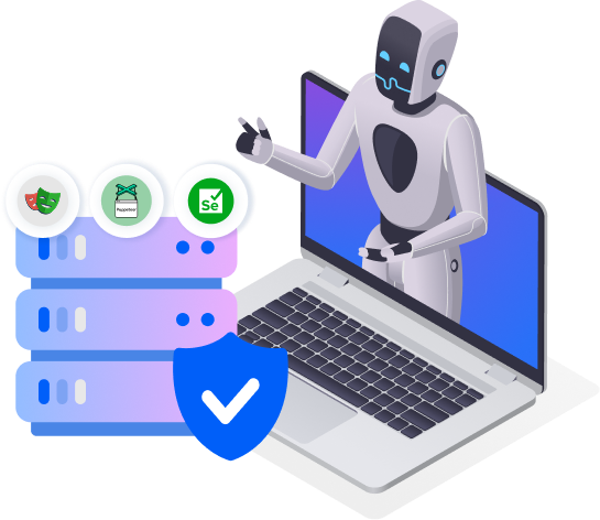 AI agent connecting through a laptop to a secured proxy server, with Selenium, Puppeteer, and browser profile icons