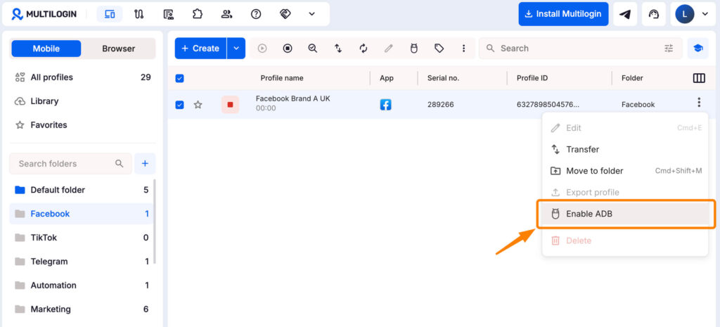 Facebook multilogin cloud phone enable ADB