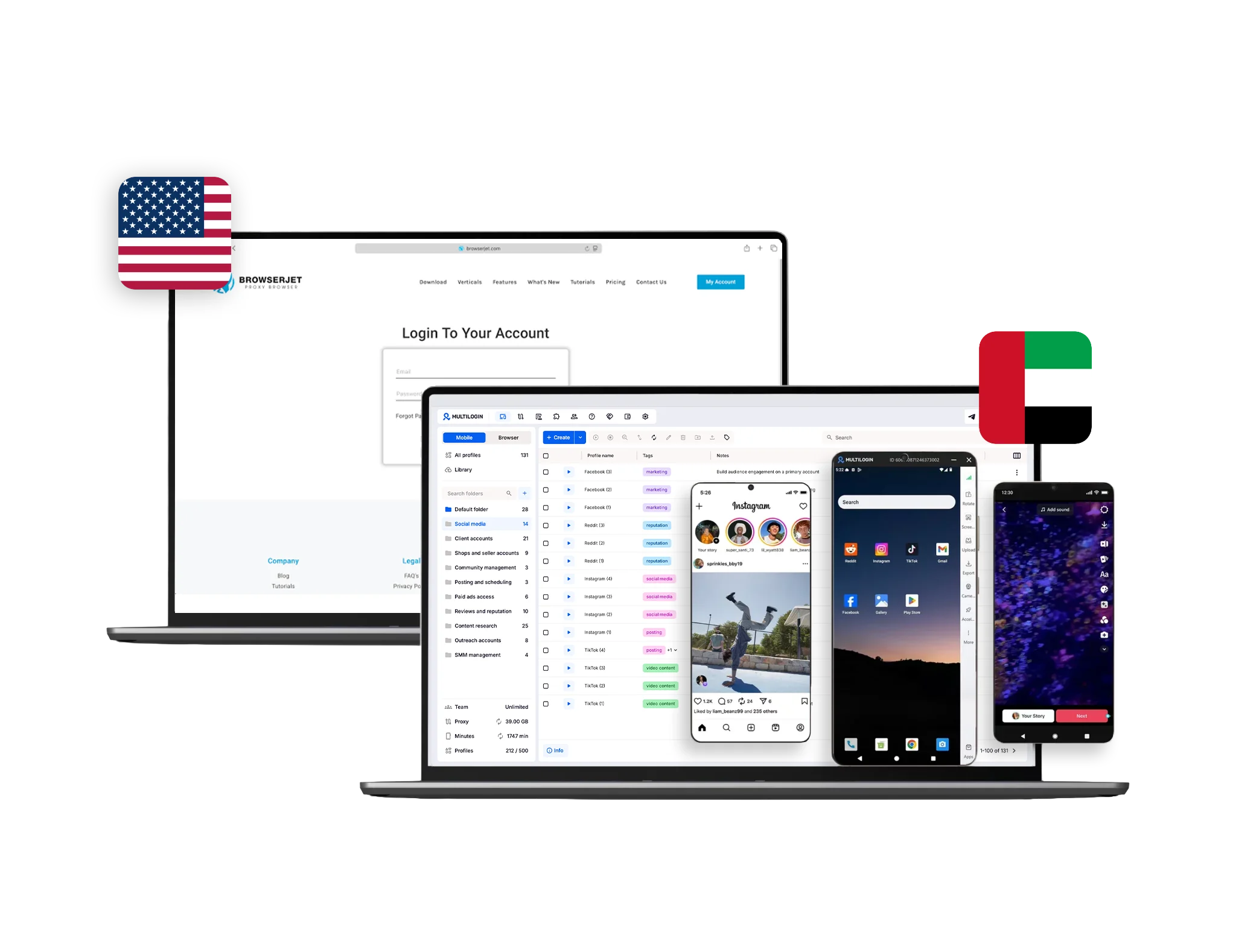 Two laptops displaying BrowserJet's homepage and workspace interface with US and UAE flags, symbolizing global multi-account management.
