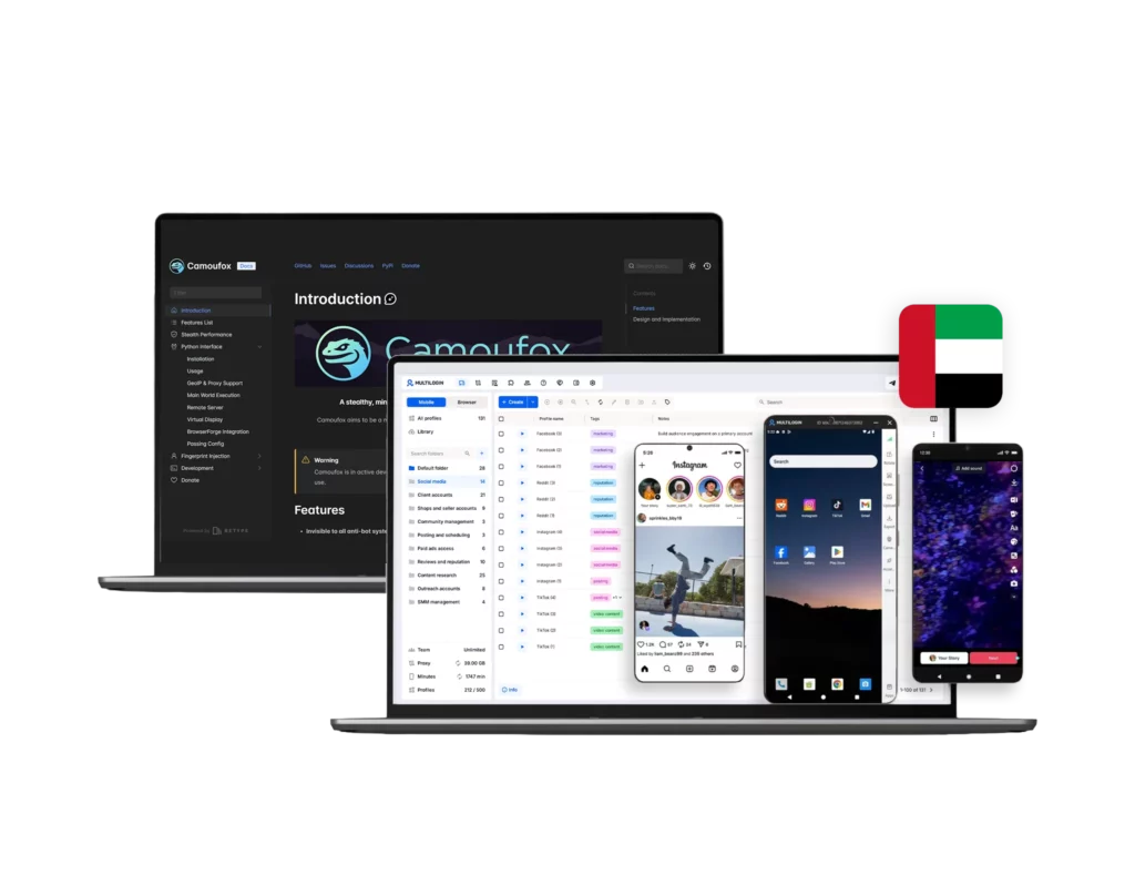 Two laptops display the Camoufox and Multilogn interface with workspace and profile management views