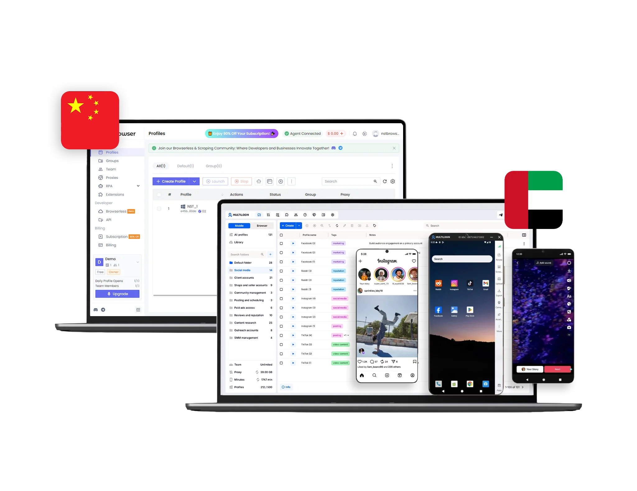 Multilogin vs Nstbrowser multi-account management comparison with browser profiles and cloud phones