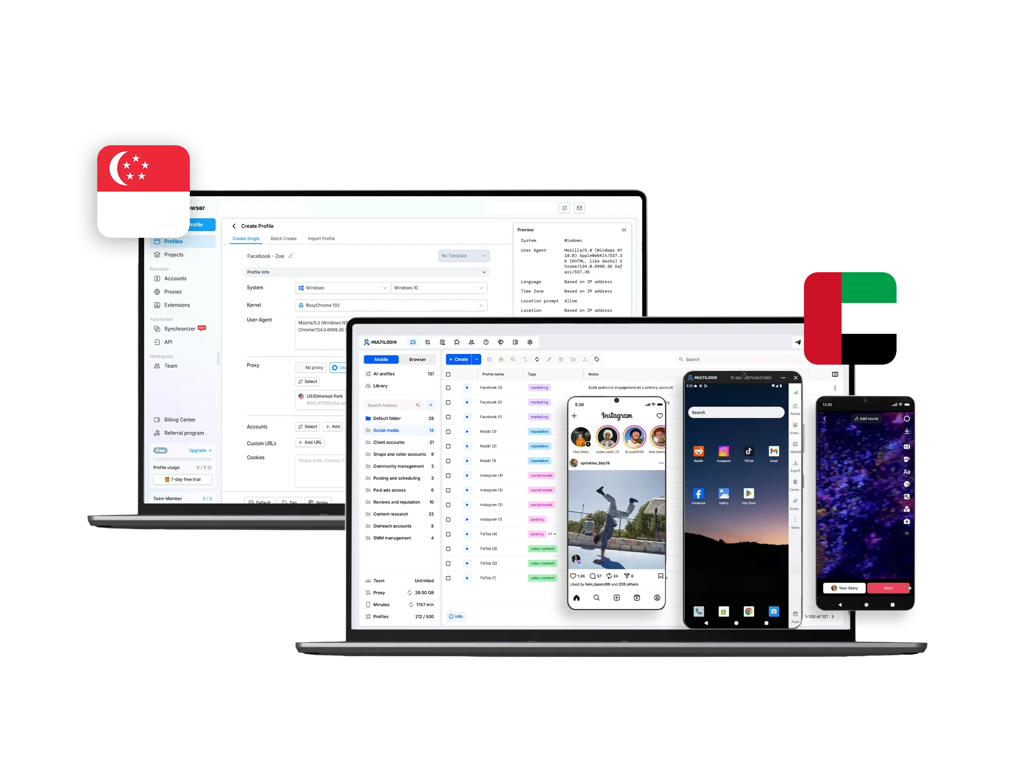 RoxyBrowser and Multilogin dashboards, featuring the Chinese and UAE flags, highlighting their profile management systems and workspace functionalities designed for efficient multi-account handling.