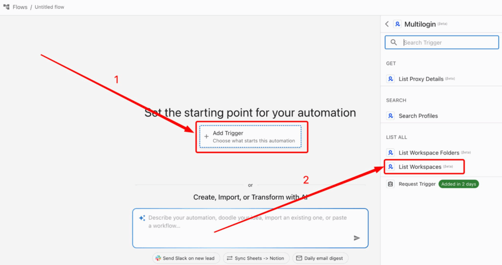 Create a new flow and use list workspaces as the starting point