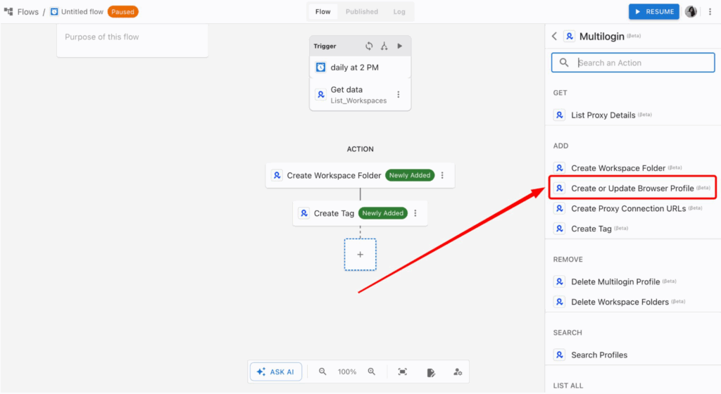 Create a Multilogin browser profile from viaSocket