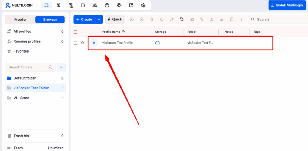  viaSocket Test Profile will be created inside viaSocket Test Folder