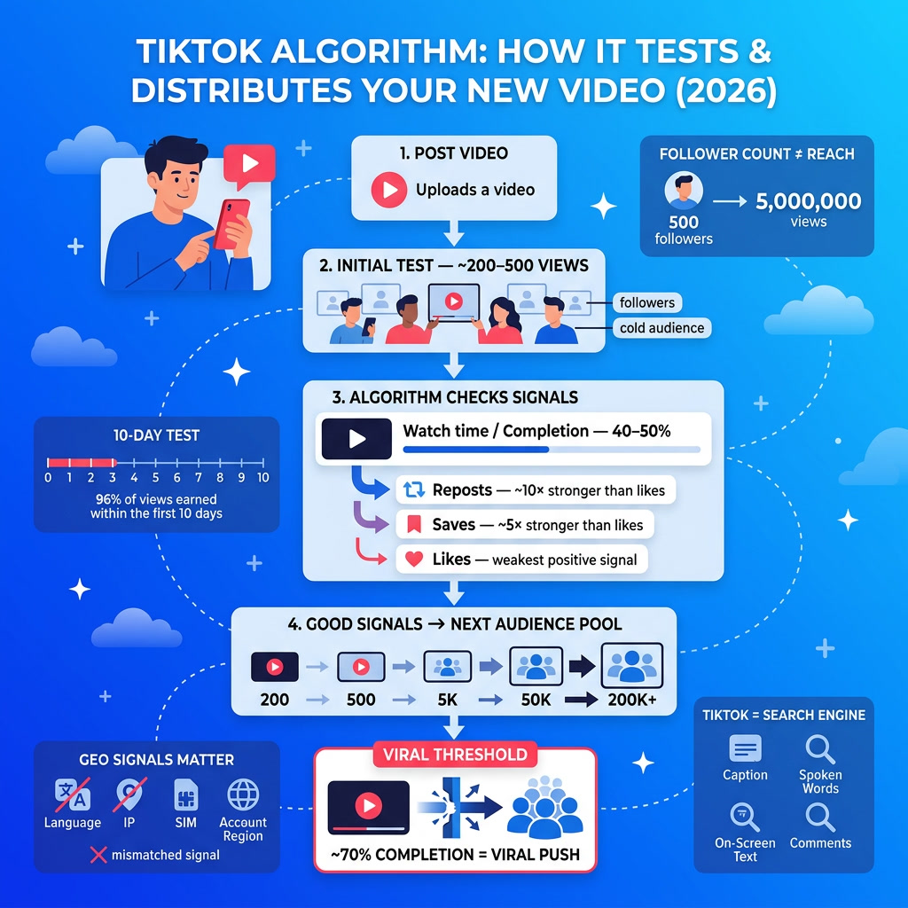 Diagram of how the TikTok algorithm 2026 tests videos in audience waves