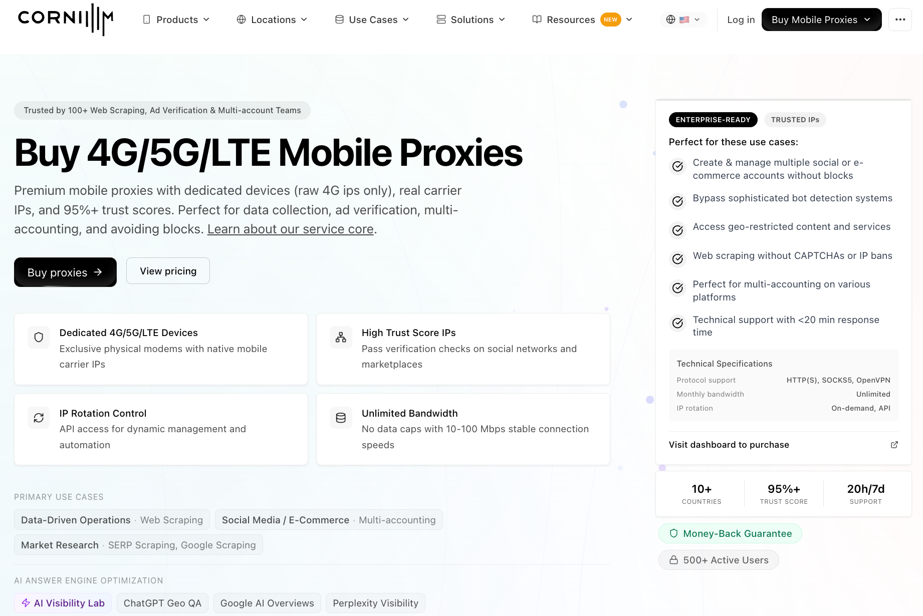 Coronium.io emphasizes dedicated physical devices connected to genuine mobile carriers.