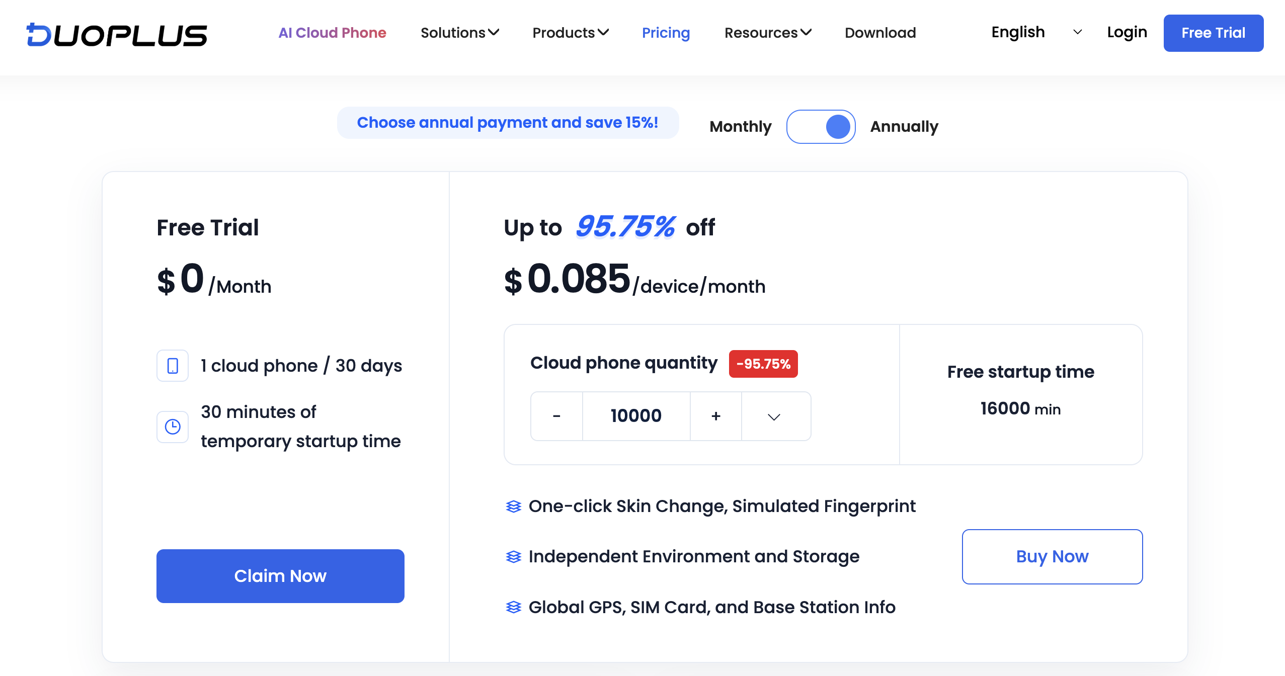 DuoPlus currently advertises a Free Trial