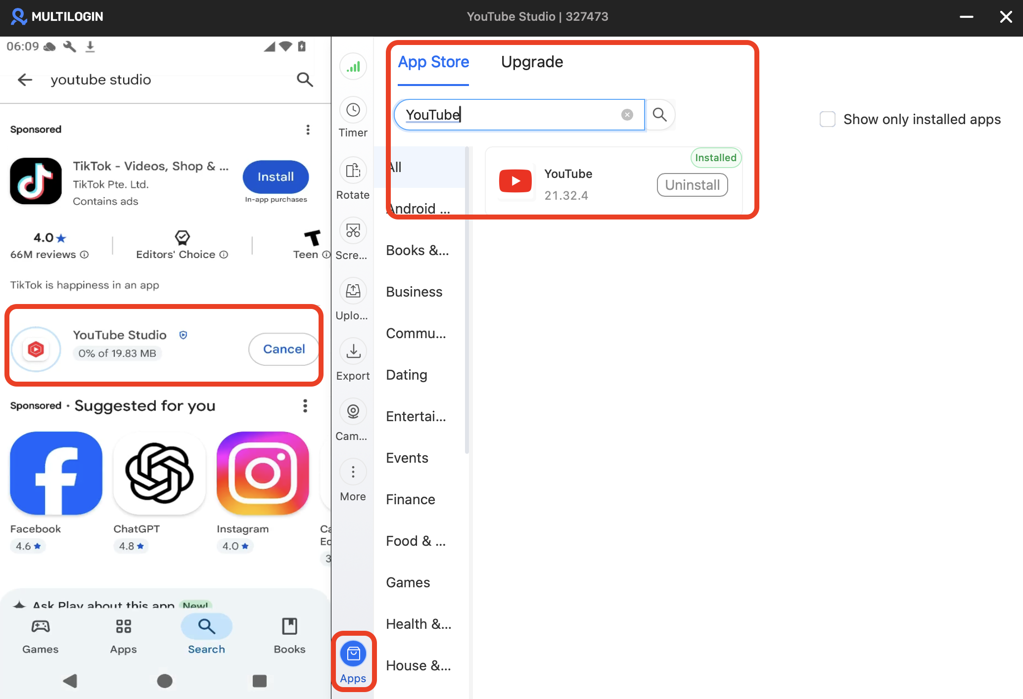 Install YouTube and YouTube Studio
