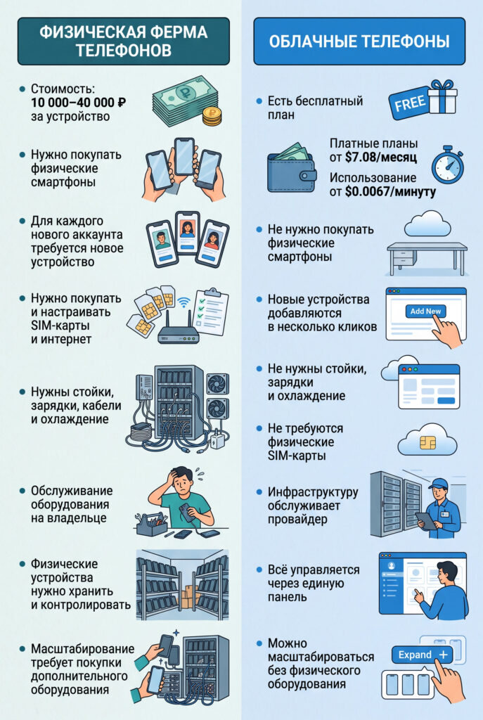 Физическую ферму телефонов и Облачные телефоны