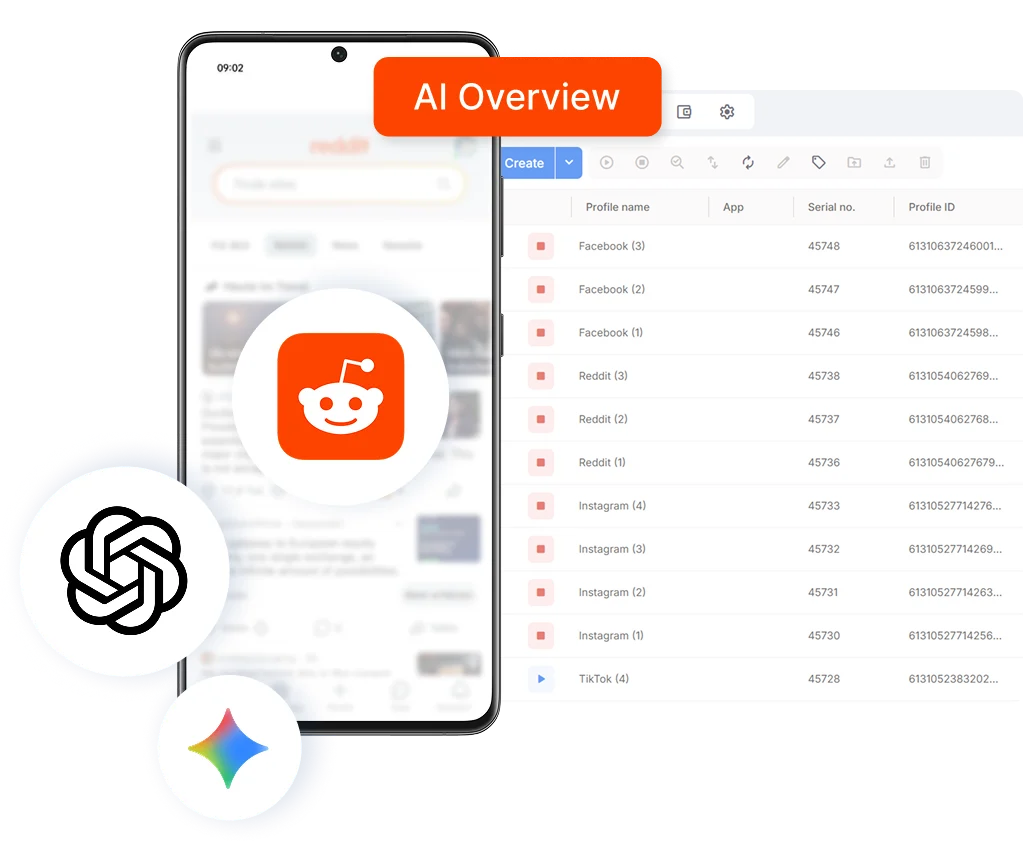 Multilogin dashboard managing Reddit profiles that get cited by ChatGPT and Gemini AI answers