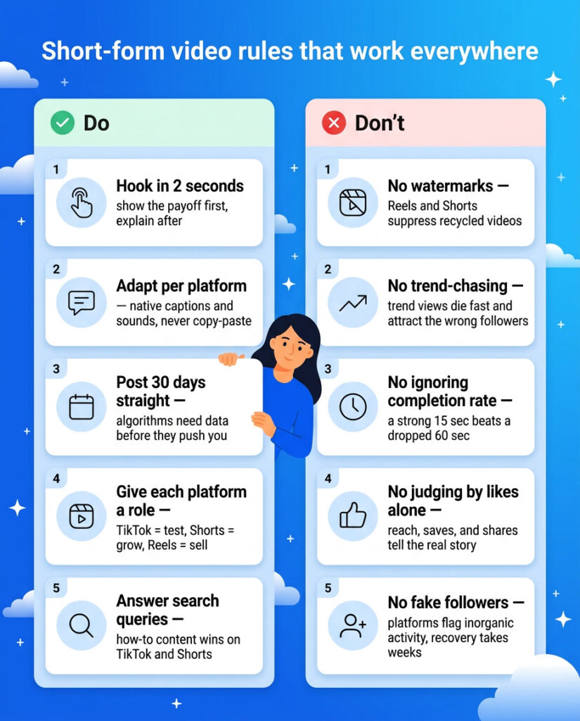 Do and don't checklist with 10 universal short-form video tips for TikTok, Instagram Reels, and YouTube Shorts