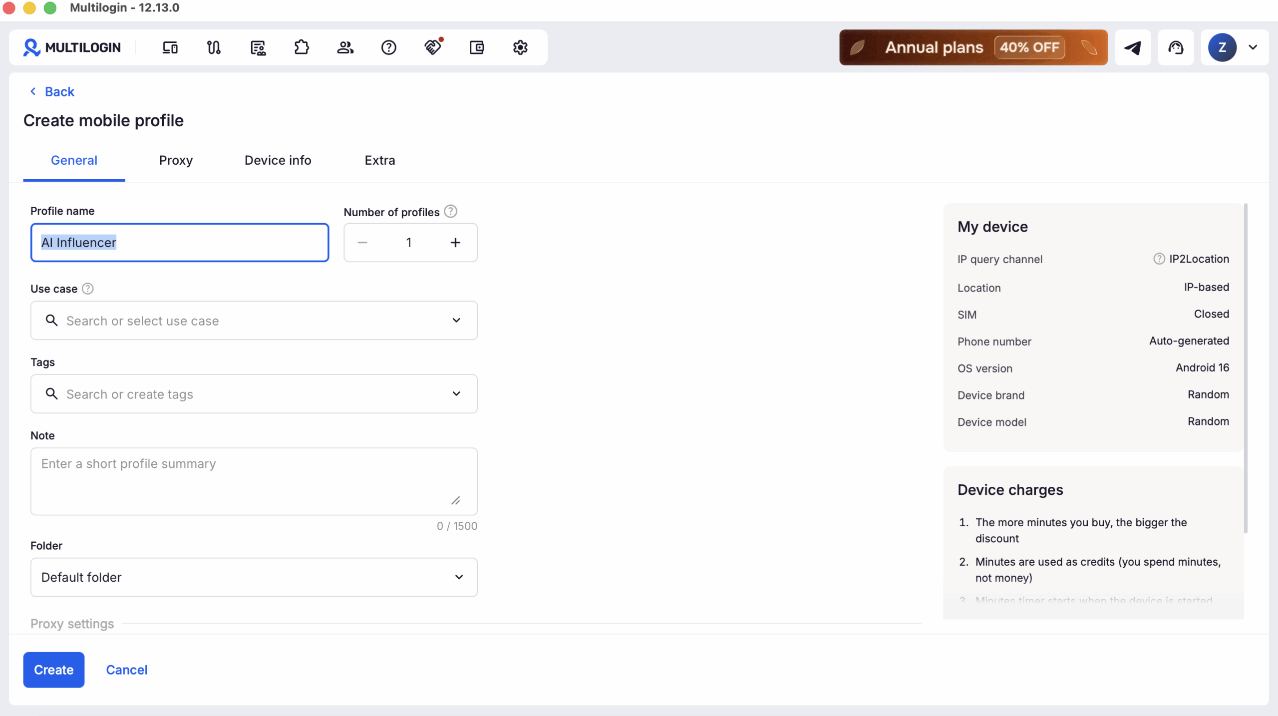 Create an Android cloud phone for a mobile social profile.