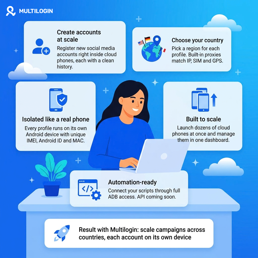 Multilogin cloud phones for running TikTok accounts at scale: country choice, isolated devices, automation