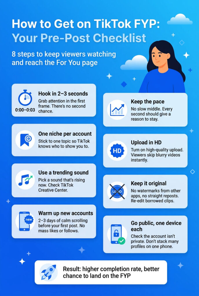Pre-publish checklist for how to get on TikTok FYP: hook, niche, HD upload, no watermark, trending sound