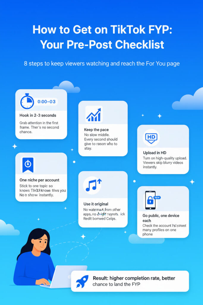 Pre-publish checklist for how to get on TikTok FYP: hook, niche, HD upload, no watermark, trending sound